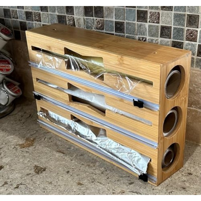 LWC 9 in 1 주방 서랍용 대나무 지플락 가방 정리함 - 호일 및 플라스틱 랩 디스펜서 - 샌드위치 가방, 갤런, 쿼트, 스낵 및 샌드위치 보관 가방 호환 가능