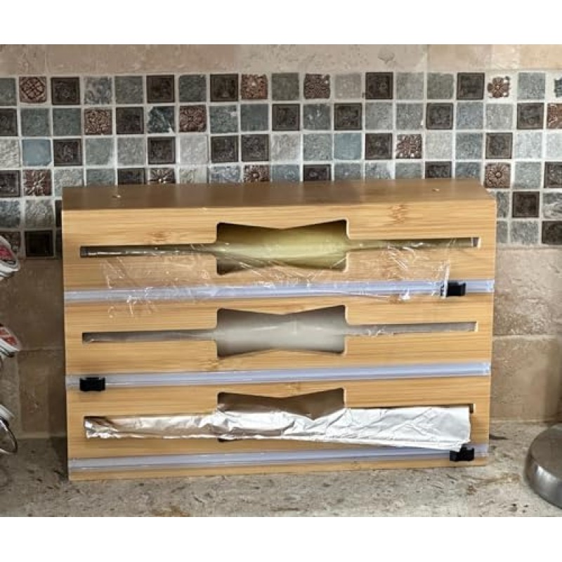 LWC 9 in 1 주방 서랍용 대나무 지플락 가방 정리함 - 호일 및 플라스틱 랩 디스펜서 - 샌드위치 가방, 갤런, 쿼트, 스낵 및 샌드위치 보관 가방 호환 가능