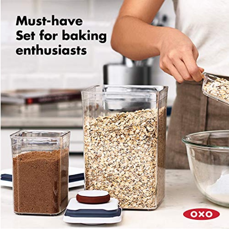 OXO Good Grips 6피스 대형 용기 세트(스쿠프 포함, 각 4.4qt, 흰색 및 Good Grips 8피스 베이킹 필수품 POP 용기 세트, 흰색)