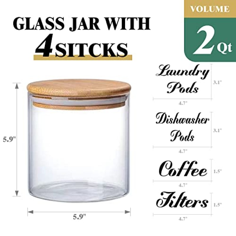Yomvzake 식기세척기 포드 용기(대나무 뚜껑 포함), 주방 정리 및 보관용 뚜껑이 있는 2Qt 유리 용기, 투명 주방 필수품 장식 액세서리
