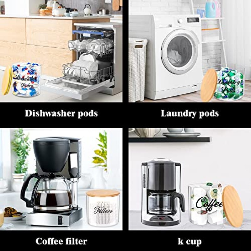 Yomvzake 식기세척기 포드 용기(대나무 뚜껑 포함), 주방 정리 및 보관용 뚜껑이 있는 2Qt 유리 용기, 투명 주방 필수품 장식 액세서리