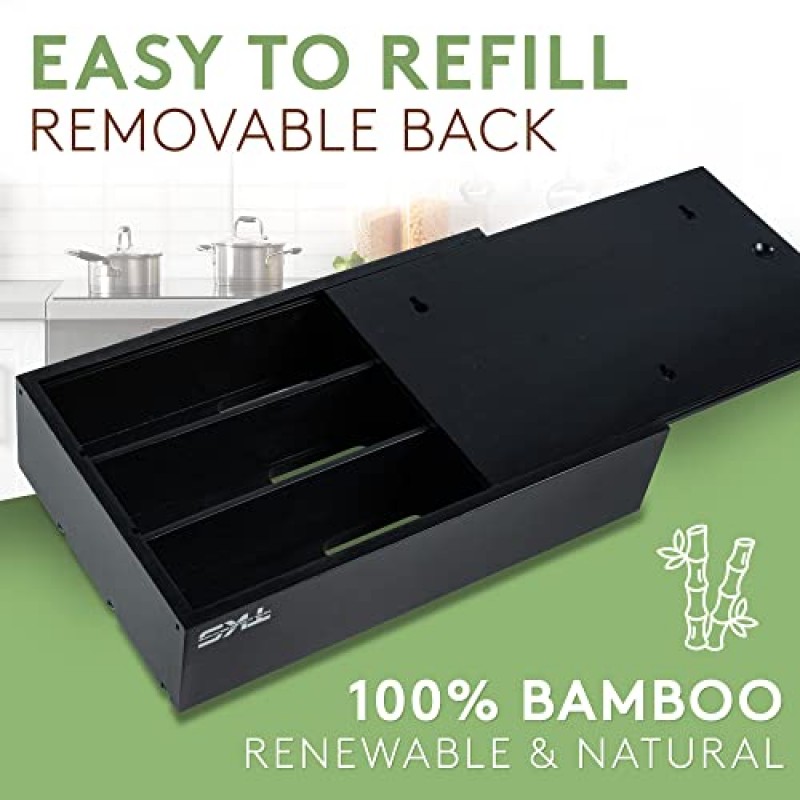 커터가 포함된 3 in 1 랩 디스펜서 -TKS 플라스틱 랩, 알루미늄 호일, 양피지 왁스 종이 정리 보관함, 주방 서랍용 검은색 대나무 롤 정리 홀더