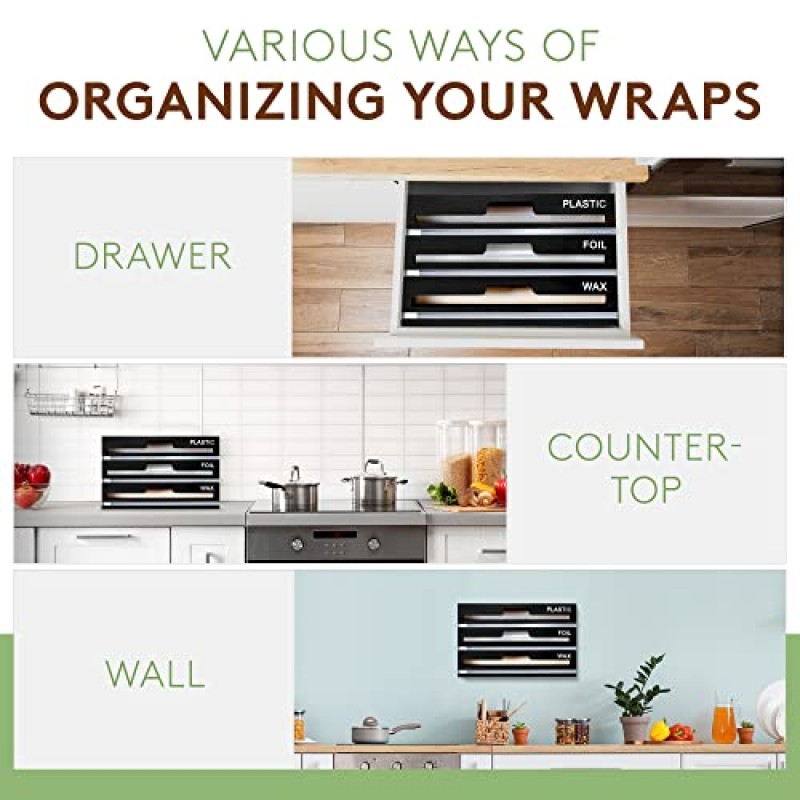 커터가 포함된 3 in 1 랩 디스펜서 -TKS 플라스틱 랩, 알루미늄 호일, 양피지 왁스 종이 정리 보관함, 주방 서랍용 검은색 대나무 롤 정리 홀더