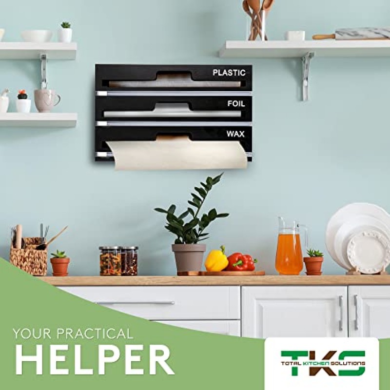 커터가 포함된 3 in 1 랩 디스펜서 -TKS 플라스틱 랩, 알루미늄 호일, 양피지 왁스 종이 정리 보관함, 주방 서랍용 검은색 대나무 롤 정리 홀더