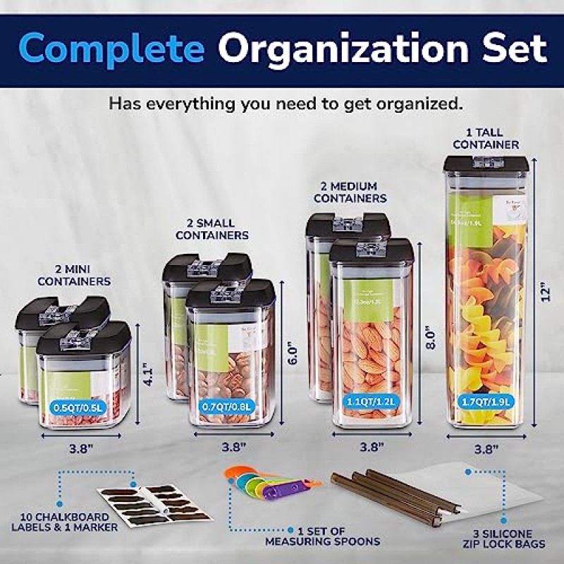 TIDYUP 밀폐 식품 보관 용기, 7개 주방 식료품 저장실 정리 및 보관 세트 - 뚜껑이 있는 건조 식품용 투명 플라스틱 용기, BPA 무료 보관함, 지퍼 잠금 백 3개 포함