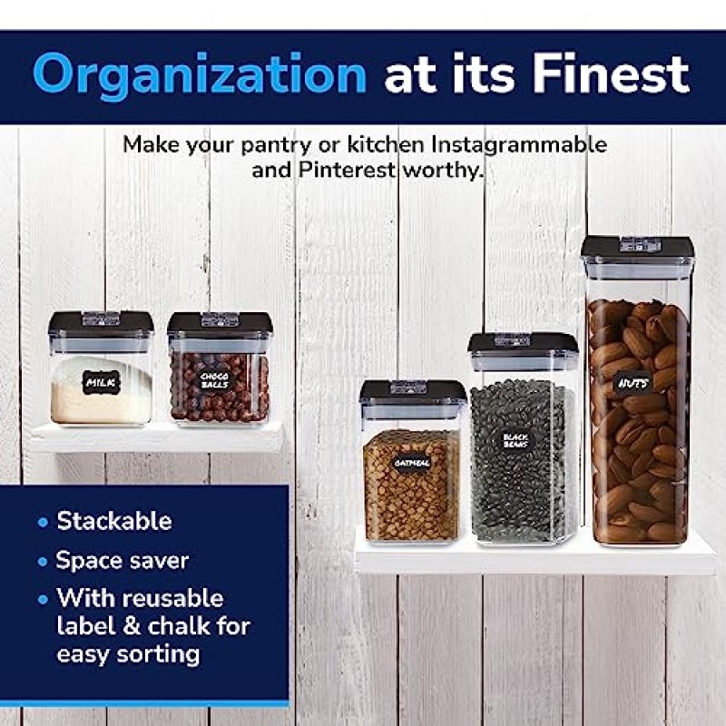 TIDYUP 밀폐 식품 보관 용기, 7개 주방 식료품 저장실 정리 및 보관 세트 - 뚜껑이 있는 건조 식품용 투명 플라스틱 용기, BPA 무료 보관함, 지퍼 잠금 백 3개 포함