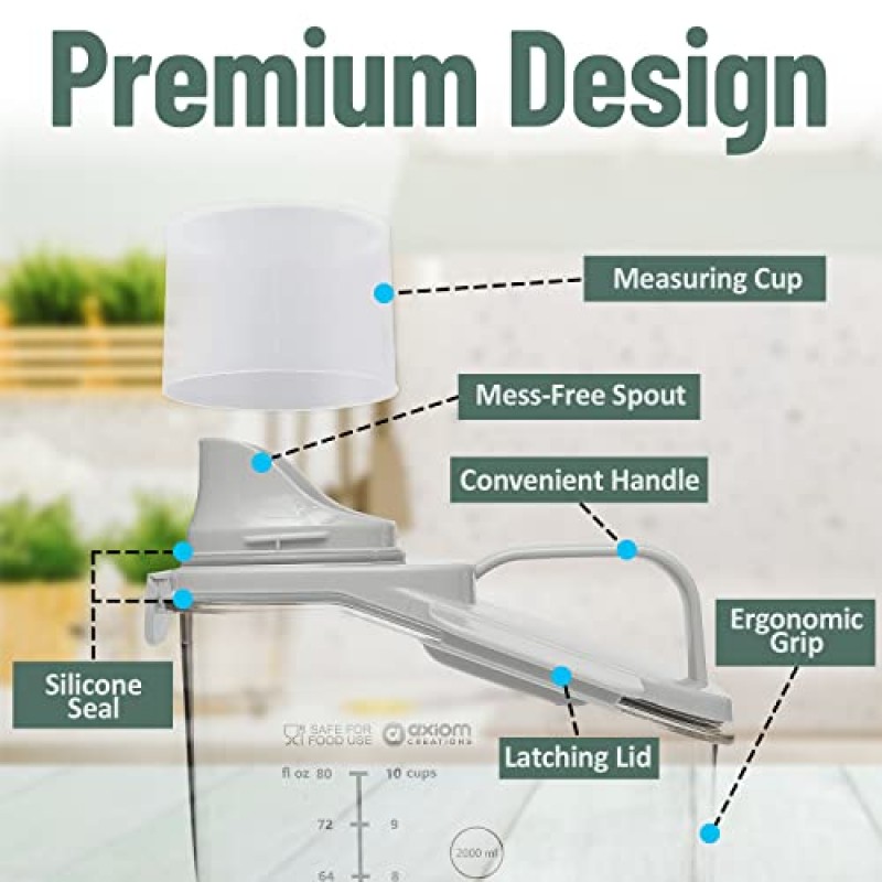 AXIOM CREATIONS 밀폐형 쌀 보관 용기 - 플라스틱 시리얼 보관 용기 - 오트밀, 파스타용 측정 컵이 있는 건조 식품 디스펜서 - 래치 뚜껑, 인체공학적 손잡이 및 주둥이 - 2.6 QT / 2.5 L