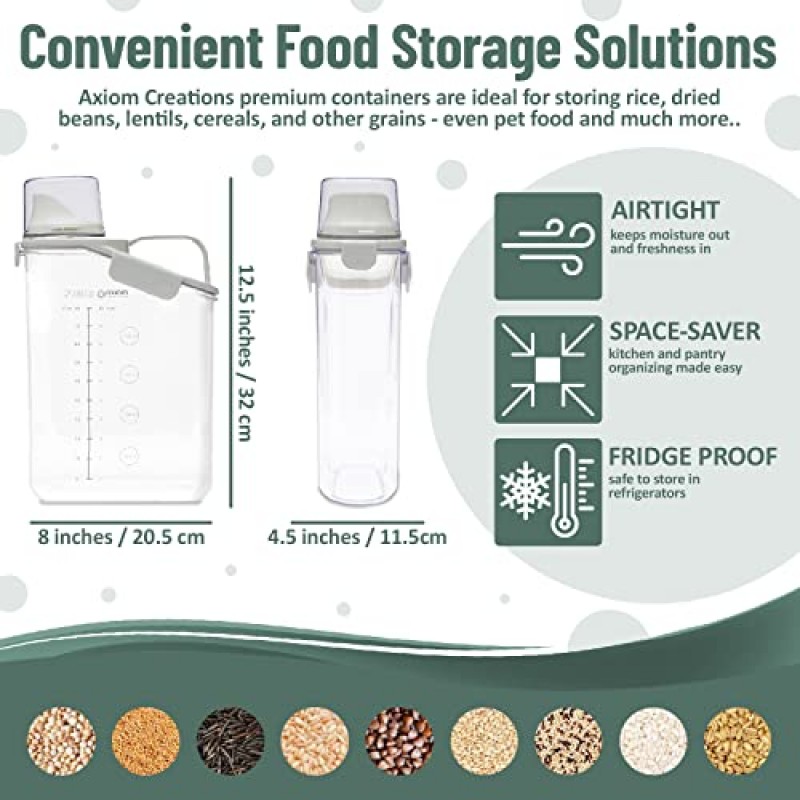 AXIOM CREATIONS 밀폐형 쌀 보관 용기 - 플라스틱 시리얼 보관 용기 - 오트밀, 파스타용 측정 컵이 있는 건조 식품 디스펜서 - 래치 뚜껑, 인체공학적 손잡이 및 주둥이 - 2.6 QT / 2.5 L