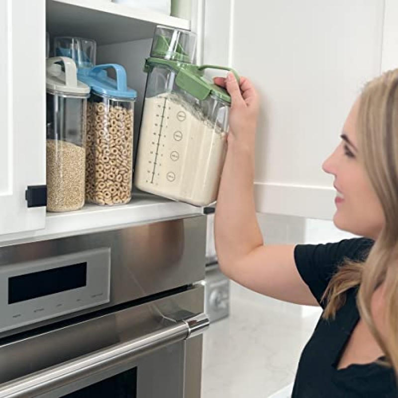 AXIOM CREATIONS 밀폐형 쌀 보관 용기 - 플라스틱 시리얼 보관 용기 - 오트밀, 파스타용 측정 컵이 있는 건조 식품 디스펜서 - 래치 뚜껑, 인체공학적 손잡이 및 주둥이 - 2.6 QT / 2.5 L