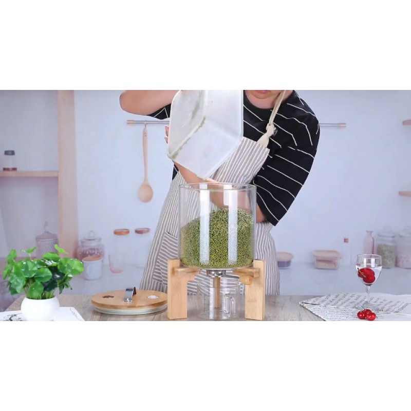밀가루 및 시리얼 용기, 5L/8L, 쌀 디스펜서, 주방 정리 및 식품 저장실용 창의적 유리 식품 보관 용기, 밀폐 뚜껑 및 나무 스탠드8L