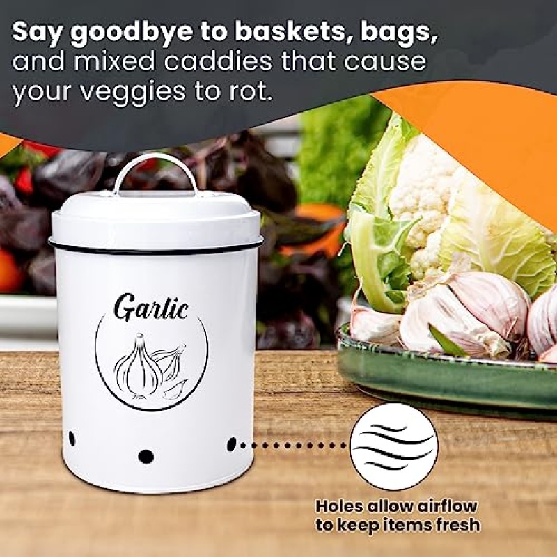 희망찬 집 감자 저장 | 양파 및 감자 저장 용기 | 카운터용 마늘, 감자 키퍼 | 감자 및 양파 보관함 | 감자 양파 마늘 저장 | 주방용 뚜껑이 있는 금속 세트 3개 |흰색