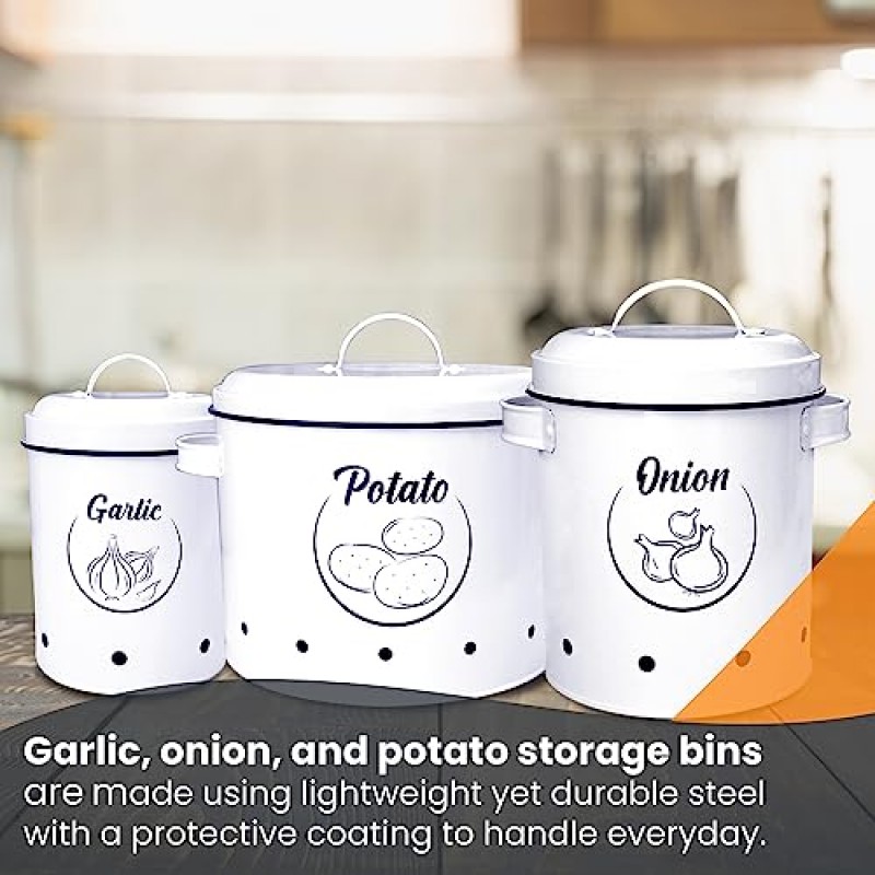 희망찬 집 감자 저장 | 양파 및 감자 저장 용기 | 카운터용 마늘, 감자 키퍼 | 감자 및 양파 보관함 | 감자 양파 마늘 저장 | 주방용 뚜껑이 있는 금속 세트 3개 |흰색