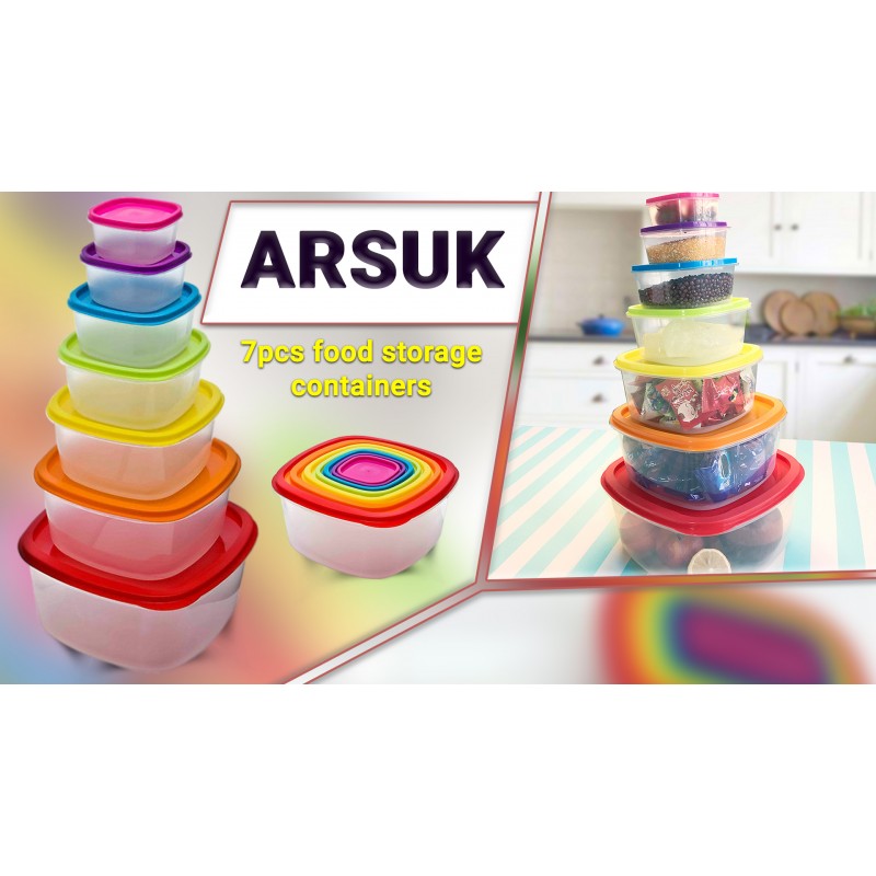 ARSUK 밀폐 뚜껑이 있는 플라스틱 식품 용기 세트 7개, 주방 보관 정리 점심 간식용 쌓을 수 있는 용기 샌드위치 소스, BPA 프리 전자레인지 냉동고 식기 세척기 안전