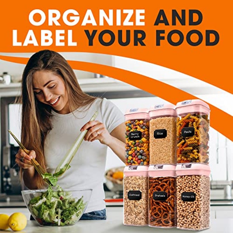 Cheer Collection 주방 정리용 밀폐 식품 보관 용기 - 뚜껑이 있는 동일한 42온스 식품 저장실 정리함 보관함 6개 세트 - BPA 프리(마커 및 재사용 가능 라벨 24개 포함) – 핑크