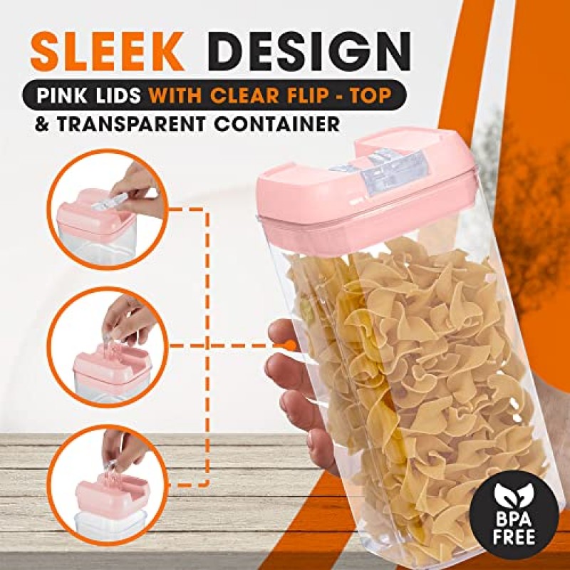 Cheer Collection 주방 정리용 밀폐 식품 보관 용기 - 뚜껑이 있는 동일한 42온스 식품 저장실 정리함 보관함 6개 세트 - BPA 프리(마커 및 재사용 가능 라벨 24개 포함) – 핑크
