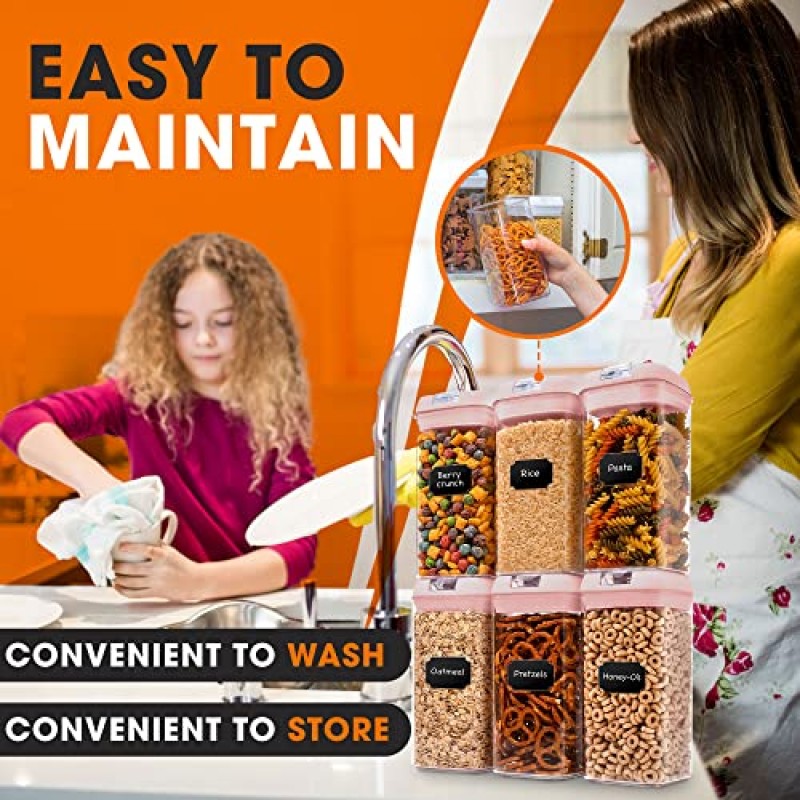 Cheer Collection 주방 정리용 밀폐 식품 보관 용기 - 뚜껑이 있는 동일한 42온스 식품 저장실 정리함 보관함 6개 세트 - BPA 프리(마커 및 재사용 가능 라벨 24개 포함) – 핑크