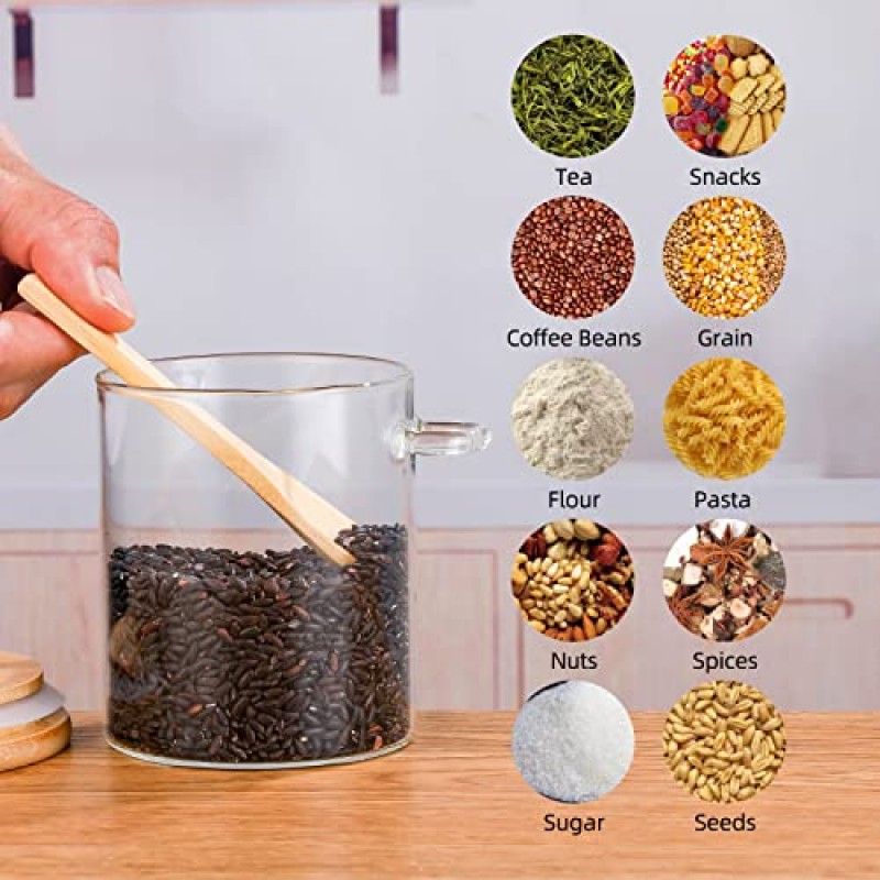 Howbonwe 밀폐된 대나무 뚜껑과 대나무 숟가락이 있는 유리 식품 저장 용기 3개 세트, 15온스 투명 붕규산 유리 용기 사탕, 쿠키, 견과류, 차, 향신료용 주방 정리 항아리