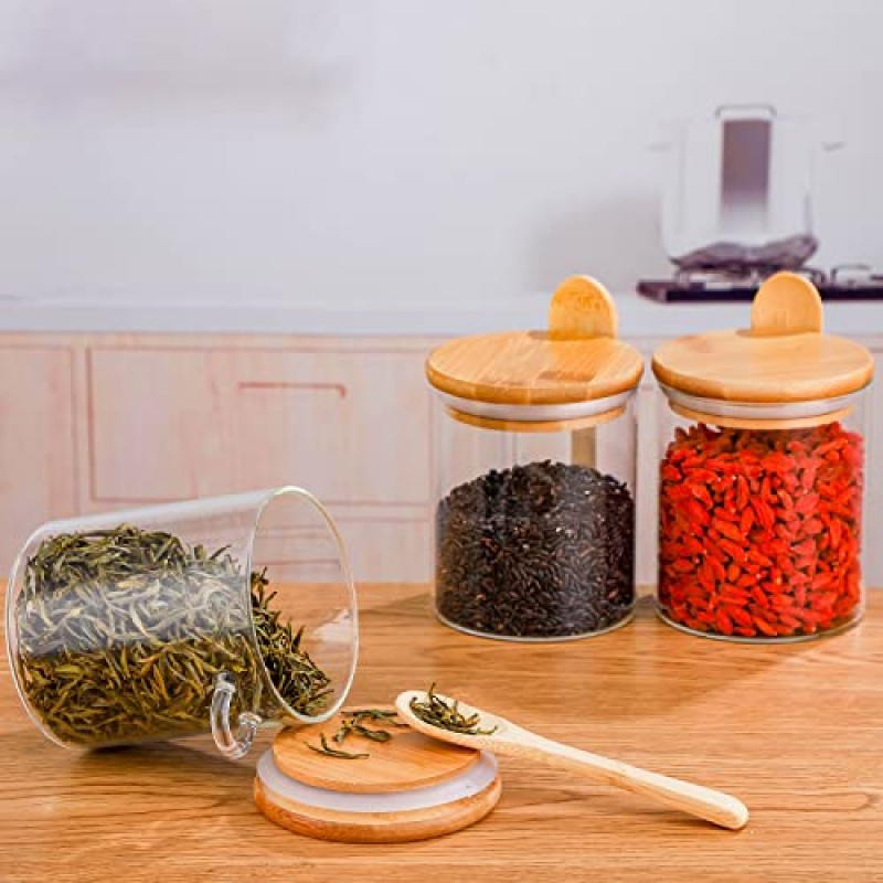Howbonwe 밀폐된 대나무 뚜껑과 대나무 숟가락이 있는 유리 식품 저장 용기 3개 세트, 15온스 투명 붕규산 유리 용기 사탕, 쿠키, 견과류, 차, 향신료용 주방 정리 항아리