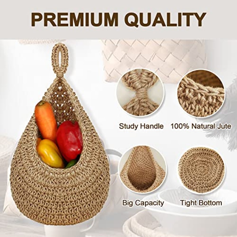QD-Udreamy 주방용 걸이 과일 바구니, Boho 황마 정리용 바구니, 걸이 벽 과일 야채 바구니, 손으로 짠 장식 걸이 주방 바구니, 양파 마늘