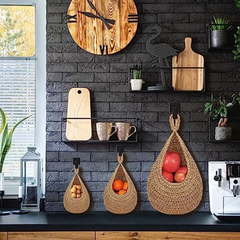 QD-Udreamy 주방용 걸이 과일 바구니, Boho 황마 정리용 바구니, 걸이 벽 과일 야채 바구니, 손으로 짠 장식 걸이 주방 바구니, 양파 마늘