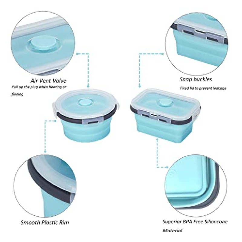 밀폐 뚜껑이 있는 KUON 접이식 실리콘 식품 보관 용기, 4개의 스태킹 용기 세트, 전자레인지, 냉동고 및 식기세척기 사용 가능, 환기 밸브 포함, BPA 없음(350ml 및 500ml)