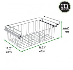 mDesign 대형 금속 와이어 걸이식 풀아웃 서랍 바구니 - 선반 아래에 슬라이딩 수납 정리함 - 선반에 부착 - 간편한 설치 - 실버