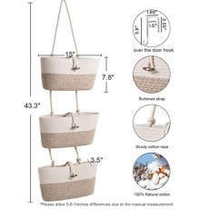 Oradrem 오버 더 도어 바구니 면 로프 정리함, 3단 벽걸이 수납 바구니, 옷장 정리, 거실 정리용 장식 바구니—14.5“x7