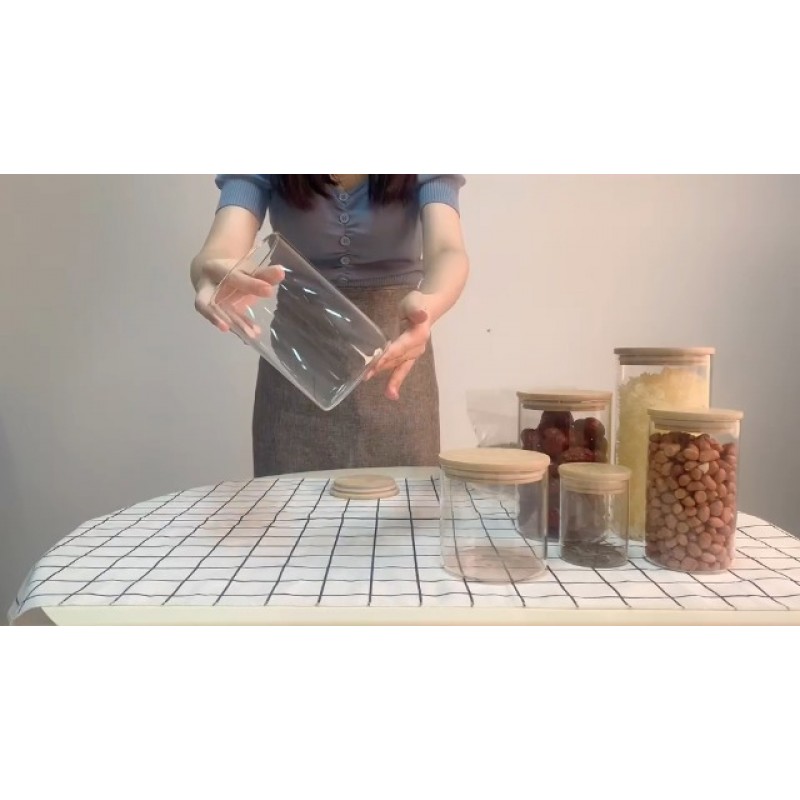 Flrolove 유리 식품 저장 용기 세트, 대나무 나무 뚜껑이 있는 밀폐 식품 용기 - 설탕, 사탕, 쿠키, 쌀 및 양념 용기용 주방 용기 5개 세트