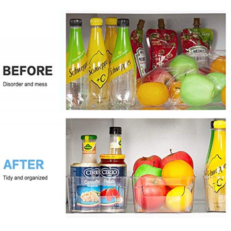 냉장고 정리함, HERKKA 9 팩 투명 플라스틱 식품 보관함, 냉동고, 캐비닛, 냉장고, 주방 식료품 저장실 정리 및 보관용 손잡이 포함, BPA 없음, 길이 12.5