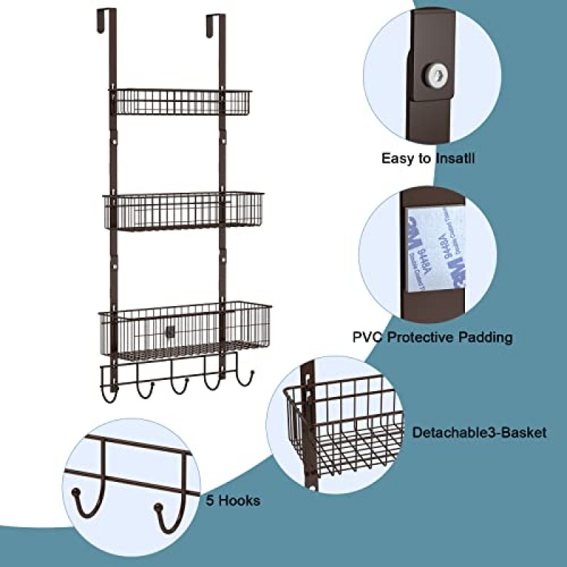 문 바구니 정리함 3단 걸이형 주방 보관함 주방, 욕실, 사무실, 갈색용 바구니 3개와 후크 5개 문 뒤 금속 와이어 바구니가 있는 헤비 듀티 식료품 저장실 정리함