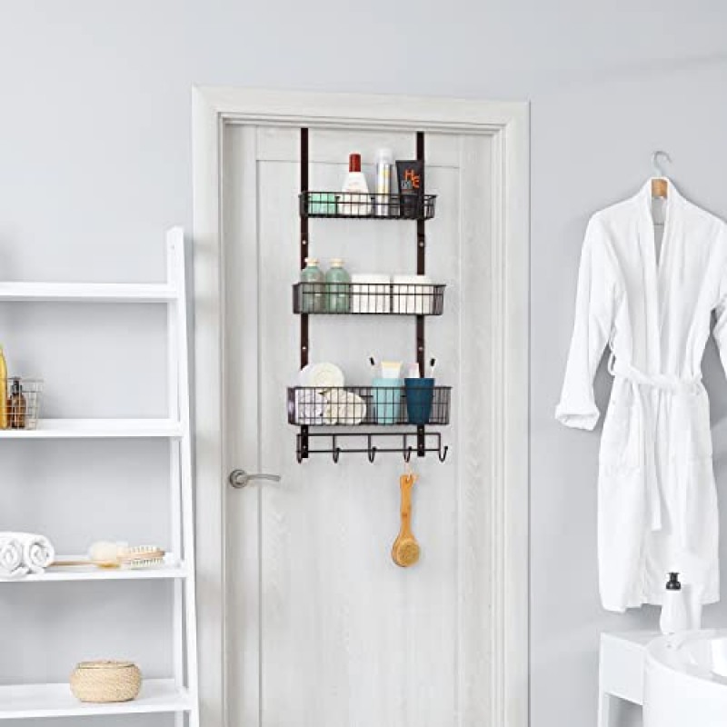 문 바구니 정리함 3단 걸이형 주방 보관함 주방, 욕실, 사무실, 갈색용 바구니 3개와 후크 5개 문 뒤 금속 와이어 바구니가 있는 헤비 듀티 식료품 저장실 정리함