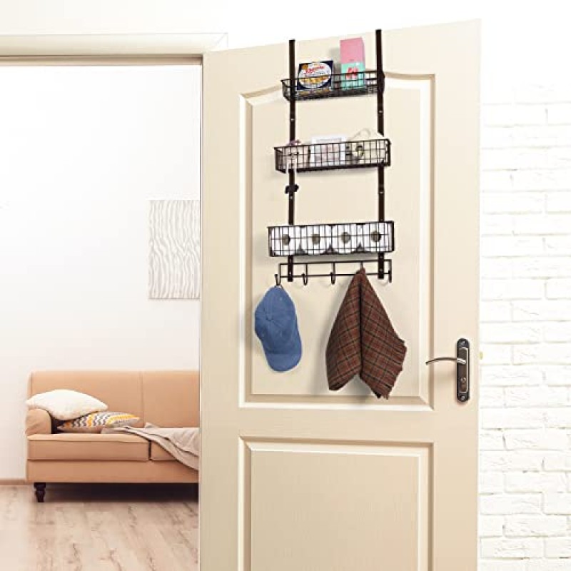 문 바구니 정리함 3단 걸이형 주방 보관함 주방, 욕실, 사무실, 갈색용 바구니 3개와 후크 5개 문 뒤 금속 와이어 바구니가 있는 헤비 듀티 식료품 저장실 정리함