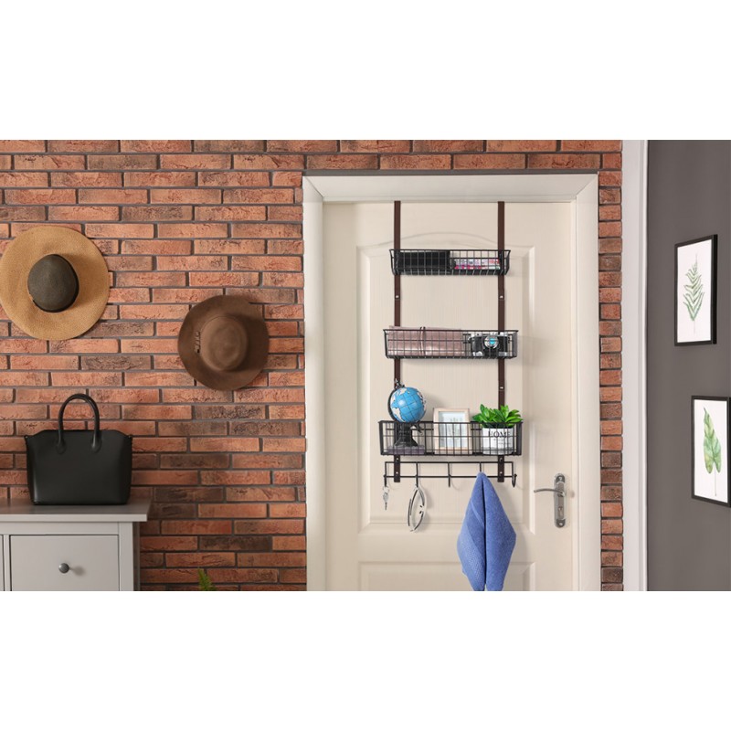 문 바구니 정리함 3단 걸이형 주방 보관함 주방, 욕실, 사무실, 갈색용 바구니 3개와 후크 5개 문 뒤 금속 와이어 바구니가 있는 헤비 듀티 식료품 저장실 정리함