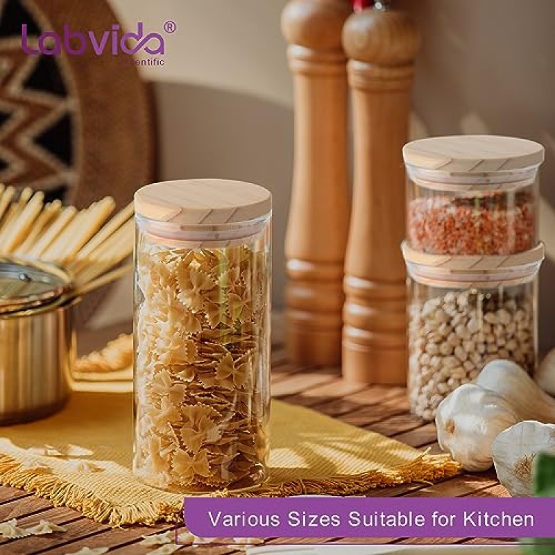 Labvida 2pcs 유리 식품 저장 용기 62.6oz-2pcs 파스타, 쿠키, 견과류, 커피 콩, 시리얼, 주방용 유리 용기, 식료품 저장실 조직용 밀폐 소나무 나무 뚜껑이 있는 식품 용기