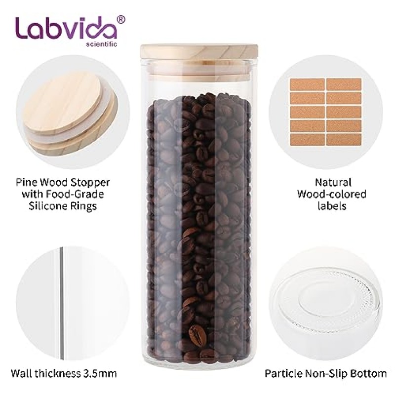 Labvida 2pcs 유리 식품 저장 용기 62.6oz-2pcs 파스타, 쿠키, 견과류, 커피 콩, 시리얼, 주방용 유리 용기, 식료품 저장실 조직용 밀폐 소나무 나무 뚜껑이 있는 식품 용기