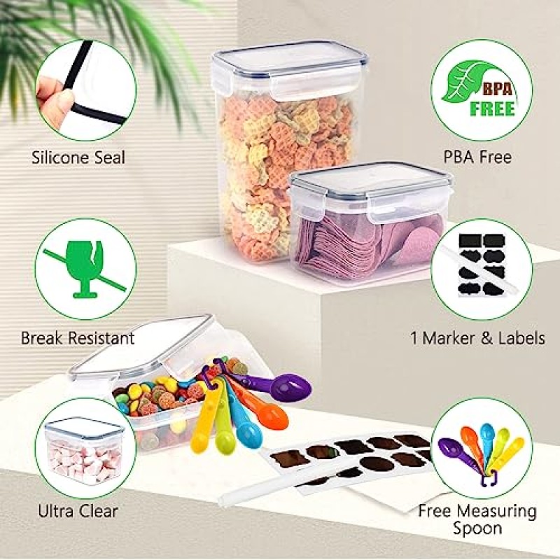 YAOSEN 뚜껑이 있는 밀폐 식품 저장 용기 세트, 7 PCS BPA 무료 주방 식료품 저장실 조직 보관 용기, 시리얼, 스파게티, 파스타 정리용 식품 저장, 숟가락, 라벨 및 펜 포함