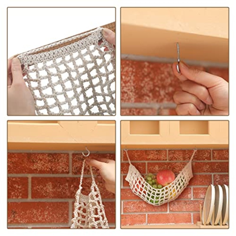 2 Pcs 11.8 x 20 인치 Macrame 과일 해먹 부엌 아래에 매달려 과일 바구니 홈 보트 RV 야채 (소박한 스타일)에 대 한 4 개의 후크와 손으로 짠 면화 야채 장식 과일 그물 가방