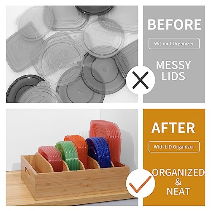 XiaoyuziTF 2 팩 대나무 뚜껑 홀더 식품 용기, 5개의 조정 가능한 분배기가 있는 주방 주최자, 식품용 캐비닛 주최자, 주방 가제트, 용기 뚜껑