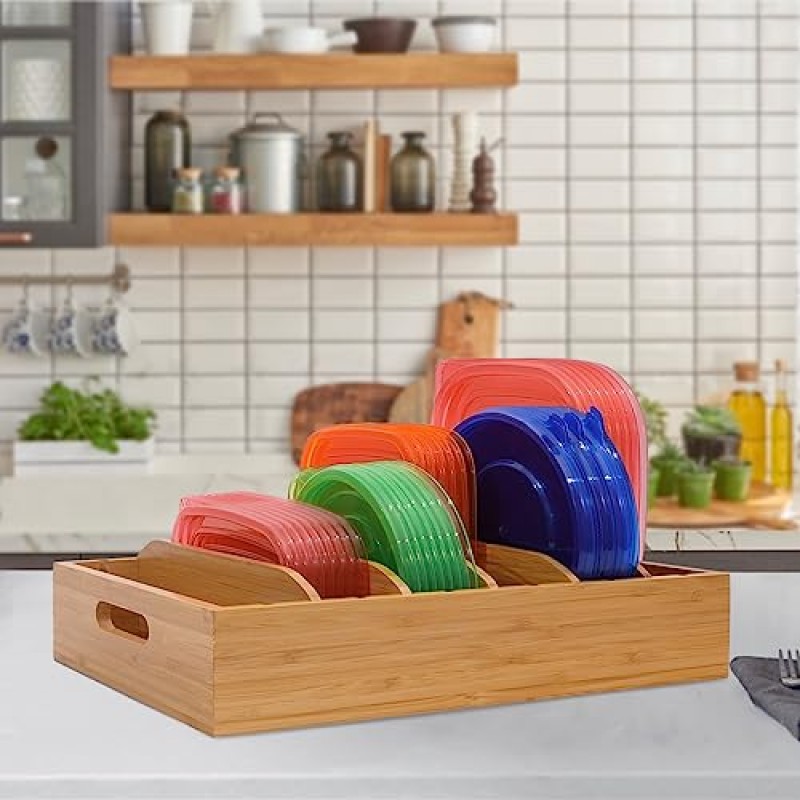 XiaoyuziTF 2 팩 대나무 뚜껑 홀더 식품 용기, 5개의 조정 가능한 분배기가 있는 주방 주최자, 식품용 캐비닛 주최자, 주방 가제트, 용기 뚜껑