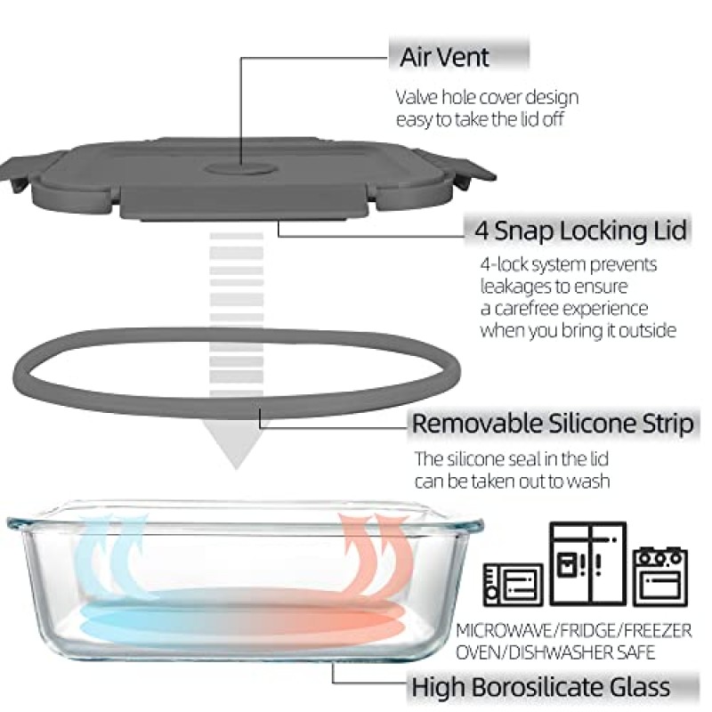YARYOUNG 통기성 뚜껑 유리 식사 준비 남은 음식 또는 직장 점심용 식품 저장 용기, 식품 저장 용기, 식기세척기 사용 가능, 10팩