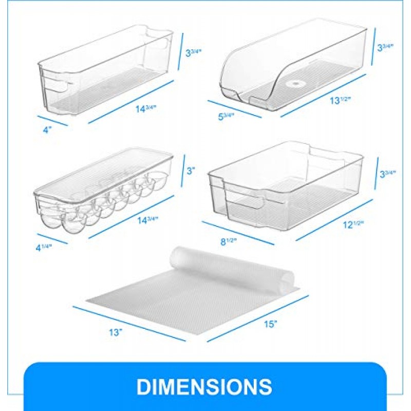 냉장고 통 및 정리함 10개 세트 - 쌓을 수 있는 냉장고 통 세트에는 식품 용기용 통 6개와 냉장고 선반용 미리 절단된 선반 라이너 4개가 포함되어 있습니다.