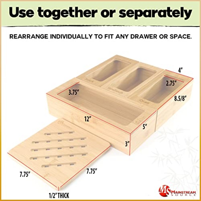 Mainstream Source® 대나무 지퍼백 정리 세트 - 스낵 및 샌드위치용 가방 정리함 세트, 쿼트 및 갤런 지퍼백 보관, 대나무 삼발이 포함