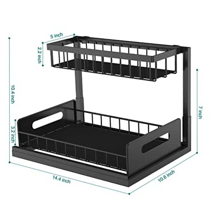 Bukfen Under Sink Organizer, 풀아웃 캐비닛 정리함 2단 슬라이드 아웃 슬라이딩 선반 캐비닛 보관함 아래 부엌 욕실 싱크 정리함 및 보관함용 다용도