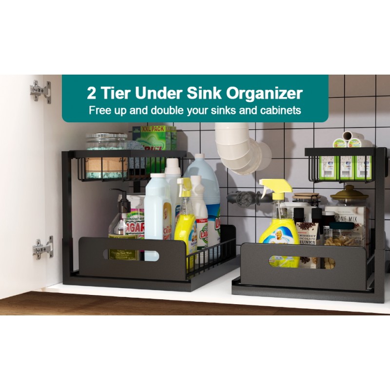 Bukfen Under Sink Organizer, 풀아웃 캐비닛 정리함 2단 슬라이드 아웃 슬라이딩 선반 캐비닛 보관함 아래 부엌 욕실 싱크 정리함 및 보관함용 다용도