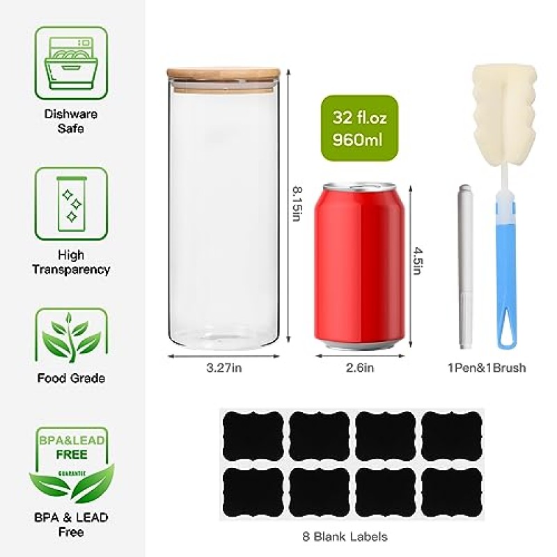 STARSIDE 대나무 뚜껑이 있는 32온스 유리 항아리, 밀폐 식품 저장 용기 8개 세트, 주방 유리 식품 저장실 보관 용기, 붕규산 유리 용기 세트