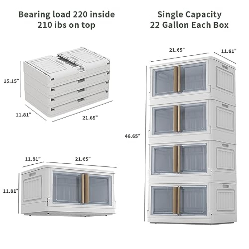 뚜껑이 있는 보관함,48쿼트 플라스틱 보관함,바퀴가 있는 쌓을 수 있는 보관함 4팩,흰색 옷장 정리함 및 보관함,가정 및 사무실용 뚜껑이 있는 이중 개방형 접이식 보관함