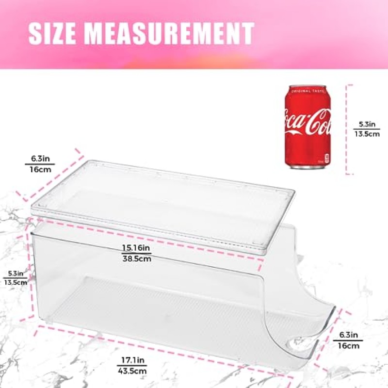 냉장고용 SCAVATA 소다 캔 정리함, 뚜껑이 있는 쌓을 수 있는 캔 홀더 디스펜서 2팩 냉장고 선반 냉동고용 통조림 식품 팝 캔 컨테이너, 플라스틱 보관함, 각각 12개의 캔 보유(투명)