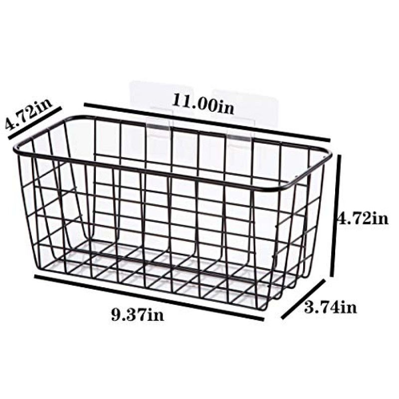 Lele 드릴링 없음 벽걸이형 금속 와이어 바구니, 무료 벽걸이 포함, 주방 정리 및 보관, 과일 걸기, 검정색 2개 세트