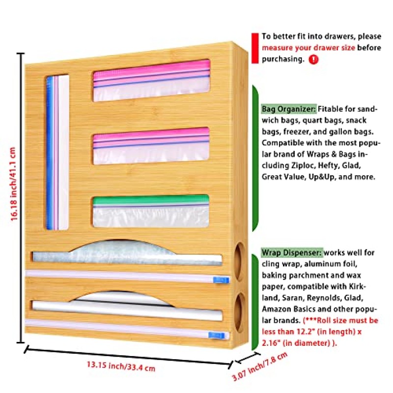 Buyyyit 지플락 백 주최자, 대나무 호일 및 플라스틱 랩 백 주최자 서랍 보관 플라스틱 랩 디스펜서(커터 포함)(6 in 1)