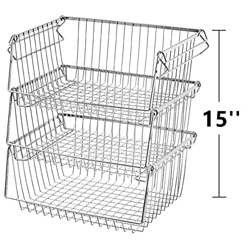 blitzlabs 와이어 보관 바구니 쌓을 수 있는 정리함 보관 바구니 통 식료품 저장실, 주방, 옷장, 욕실, 캐비닛, 주방용 손잡이가 있는 견고한 금속 정리함, 3개 세트